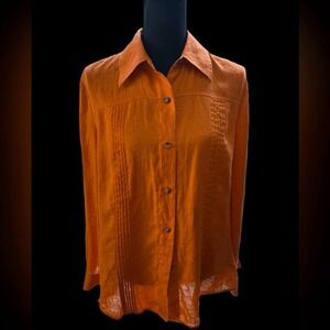 Saks Fifth Avenue Sport 100% Linen Button-Down Blouse  Orange, Size 12